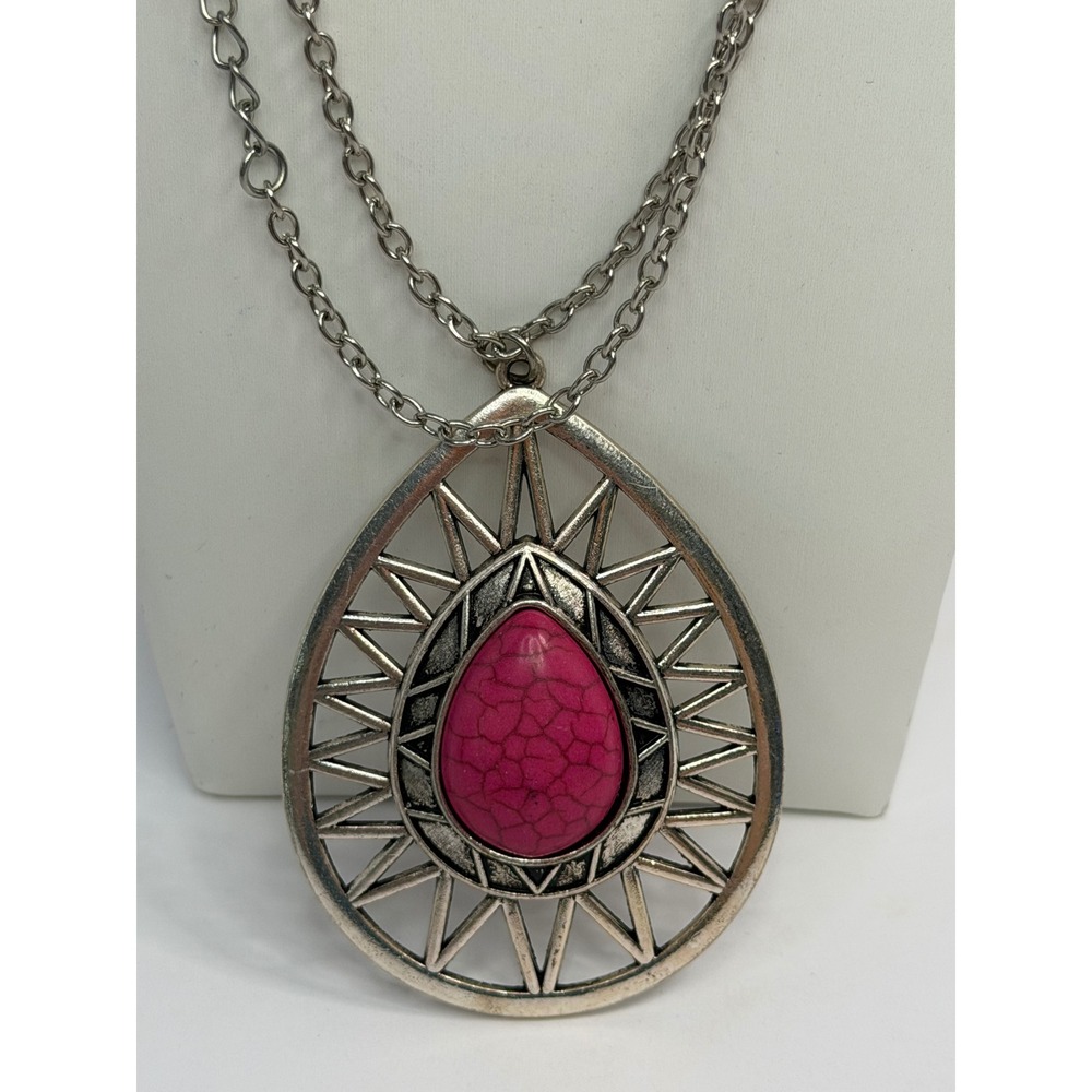 Boho Silver Tone Pink Faux Stone Teardrop Pendant Long Chain Necklace Statement - Picture 2 of 6